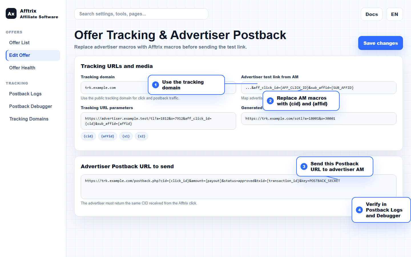 Advertiser Postback setup annotated screenshot