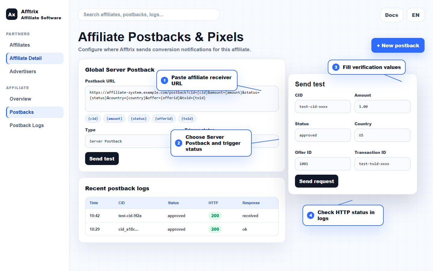 Affiliate Postback Send test annotated screenshot