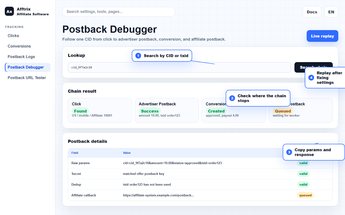 Postback Debugger chain result annotated screenshot